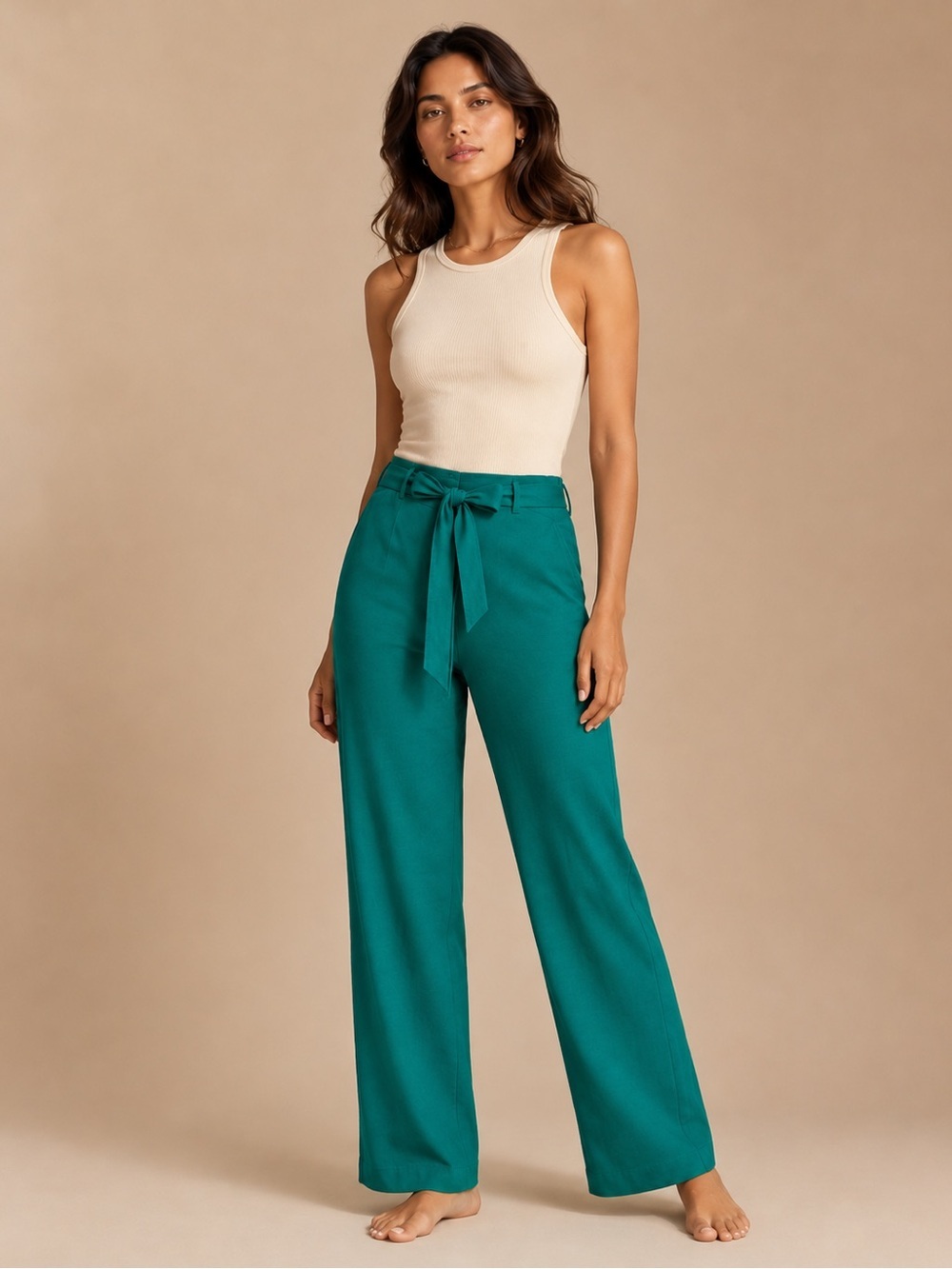 Zara Green Tie Waist Wide Leg Pants Relaxed Chic Size M